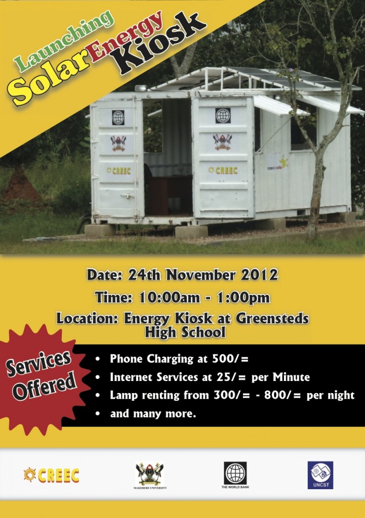 Flyer advertising the launch of the Solar Energy Kiosk and the services offered.
